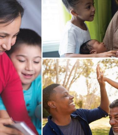 Photo collage of Black and Brown caregivers with children smiling and connecting.